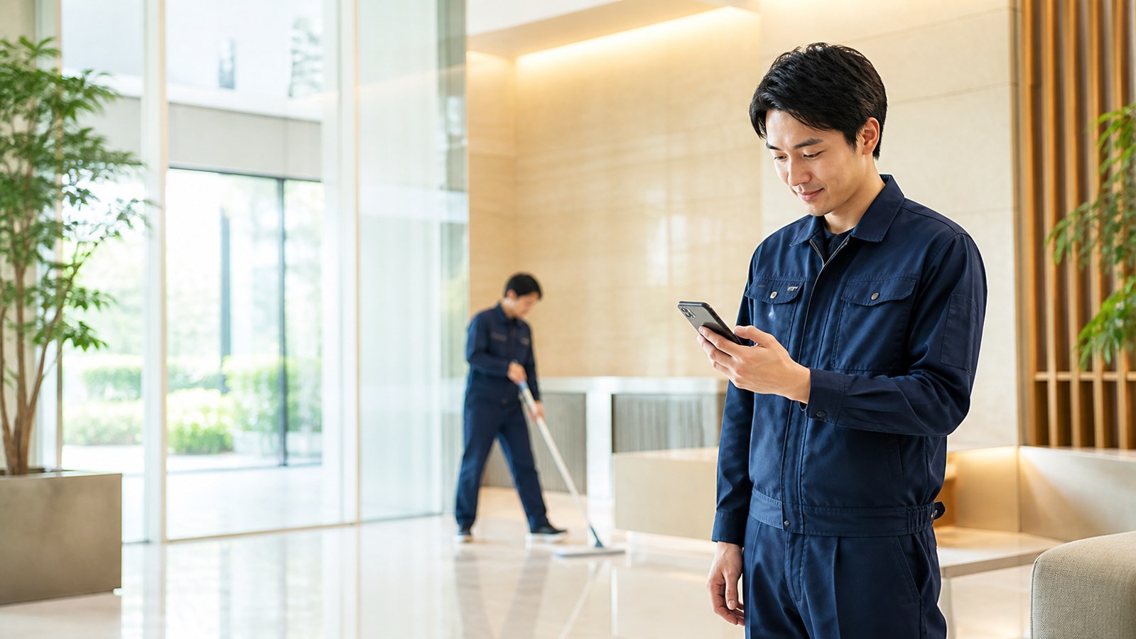 スマートフォンで業務連絡を確認する清掃スタッフ