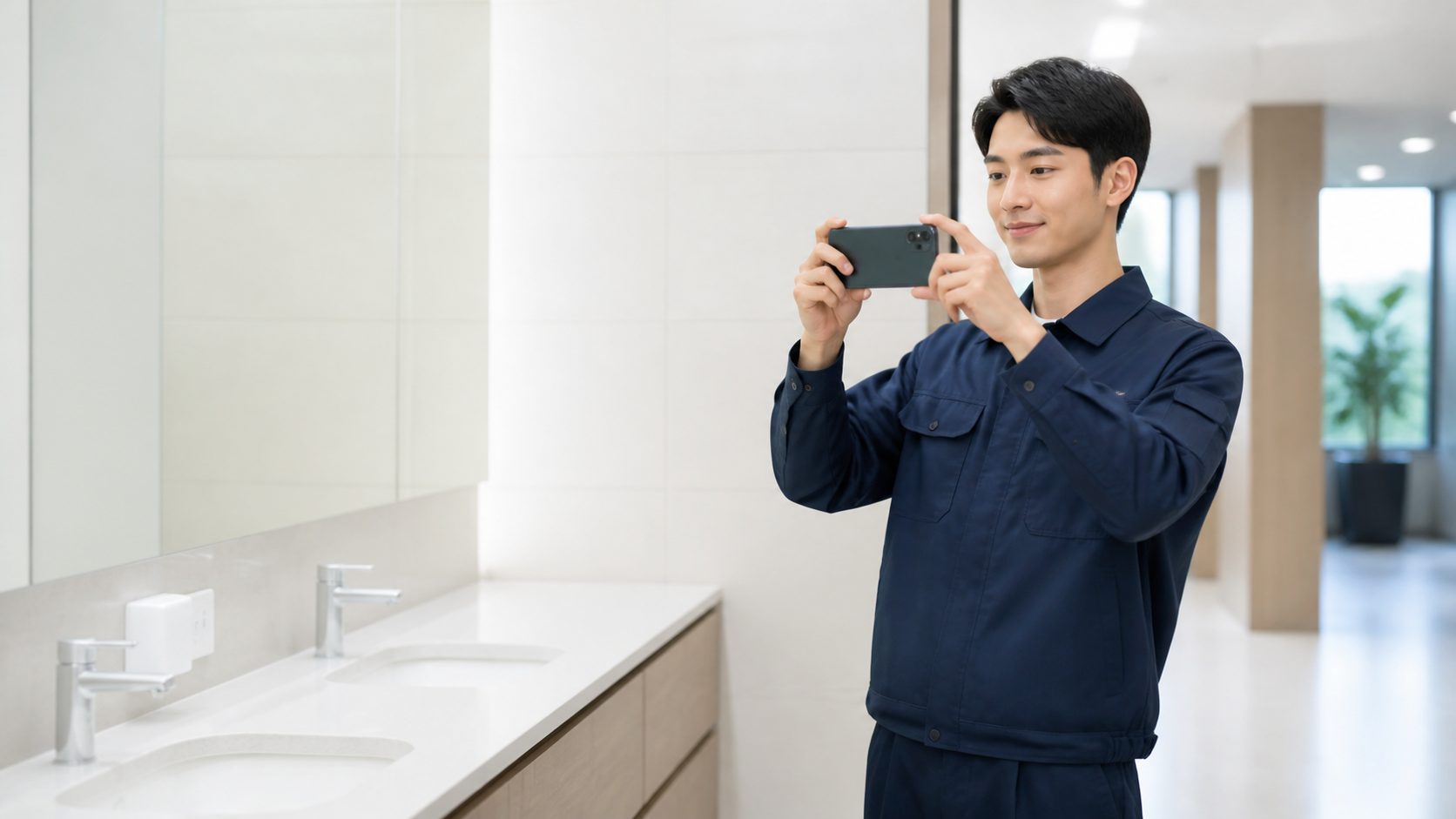 清掃後の現場を写真で記録するスタッフ