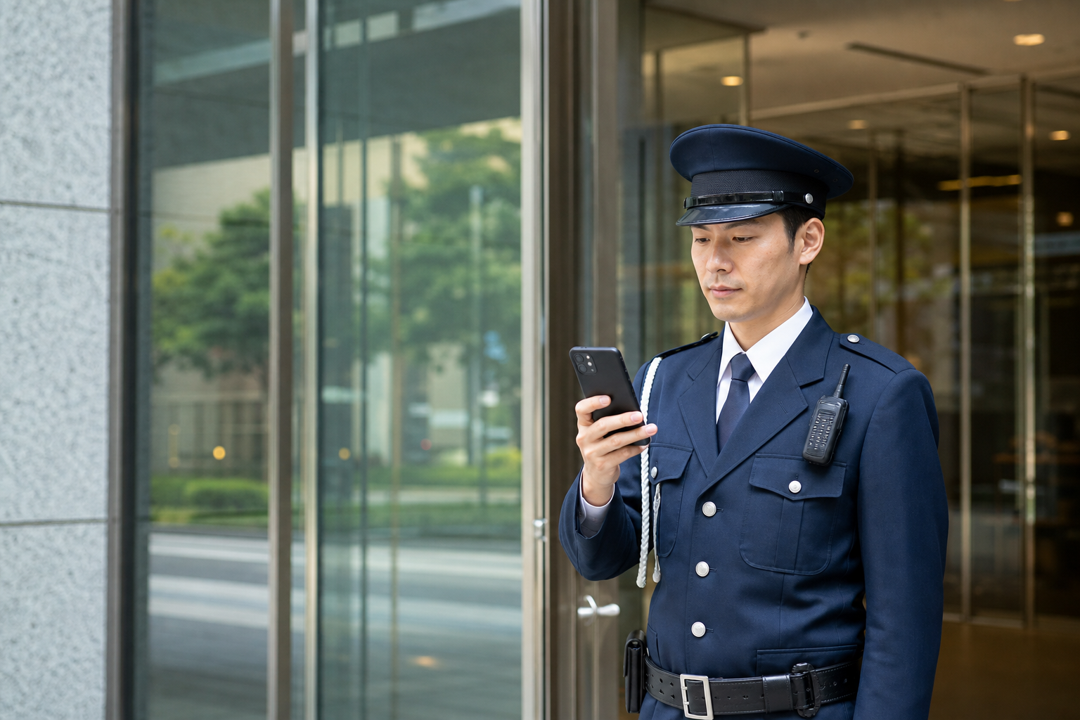 スマートフォンで指令を確認する警備スタッフ