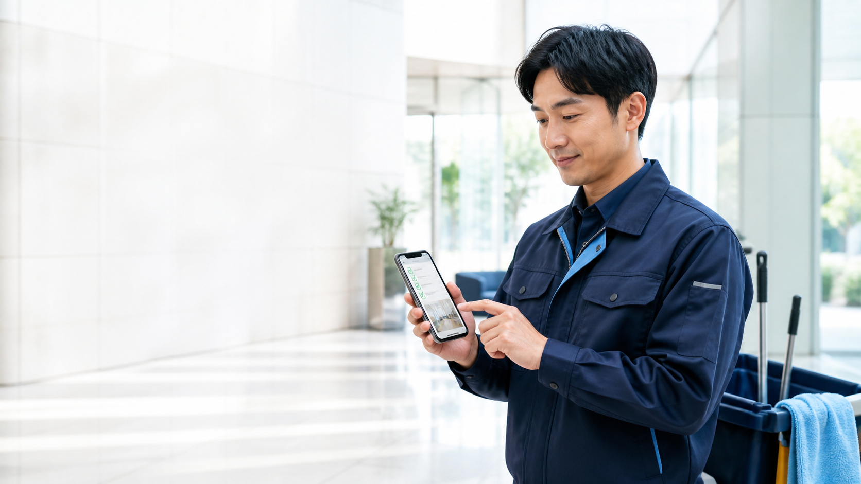 スマートフォンで清掃業務を管理するスタッフ